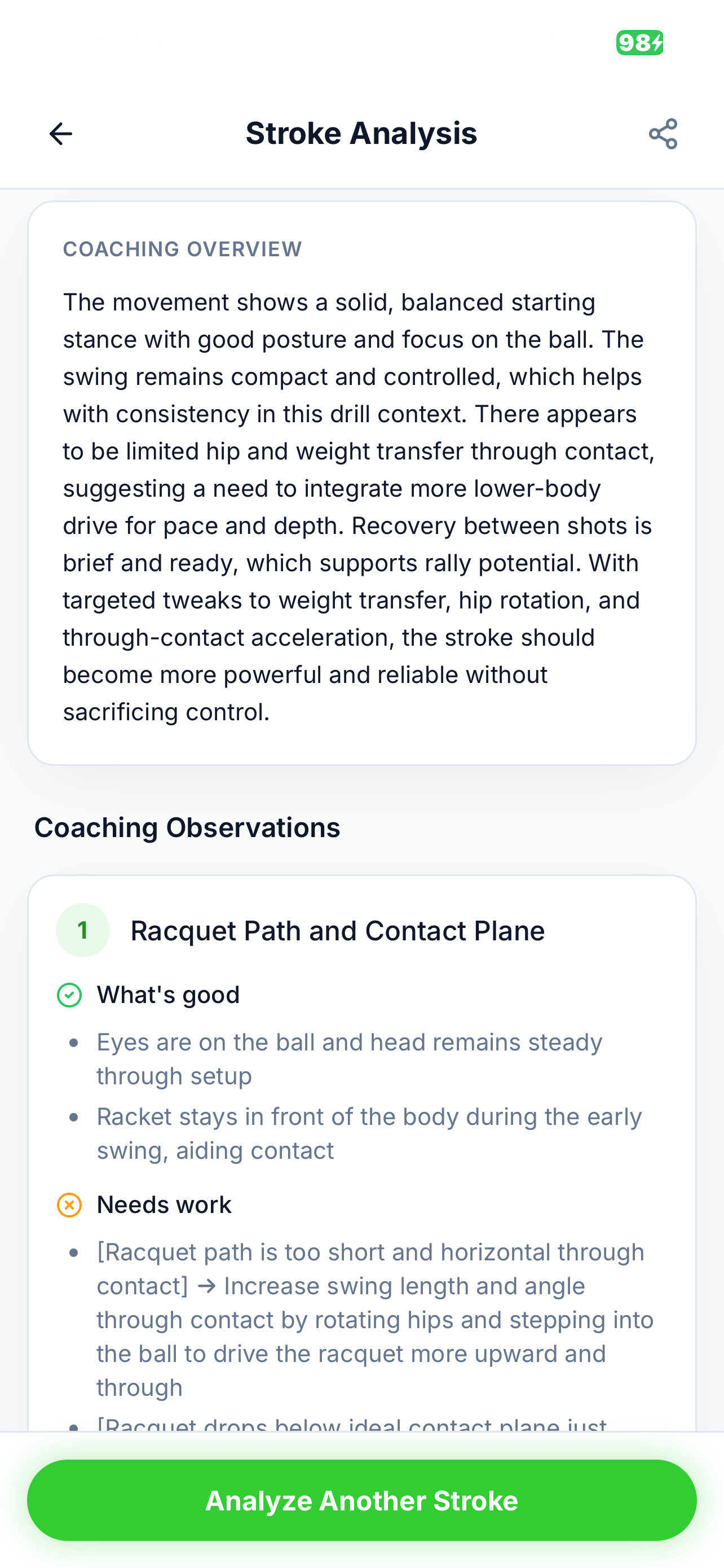 RallyIQ analysis results showing coaching observations