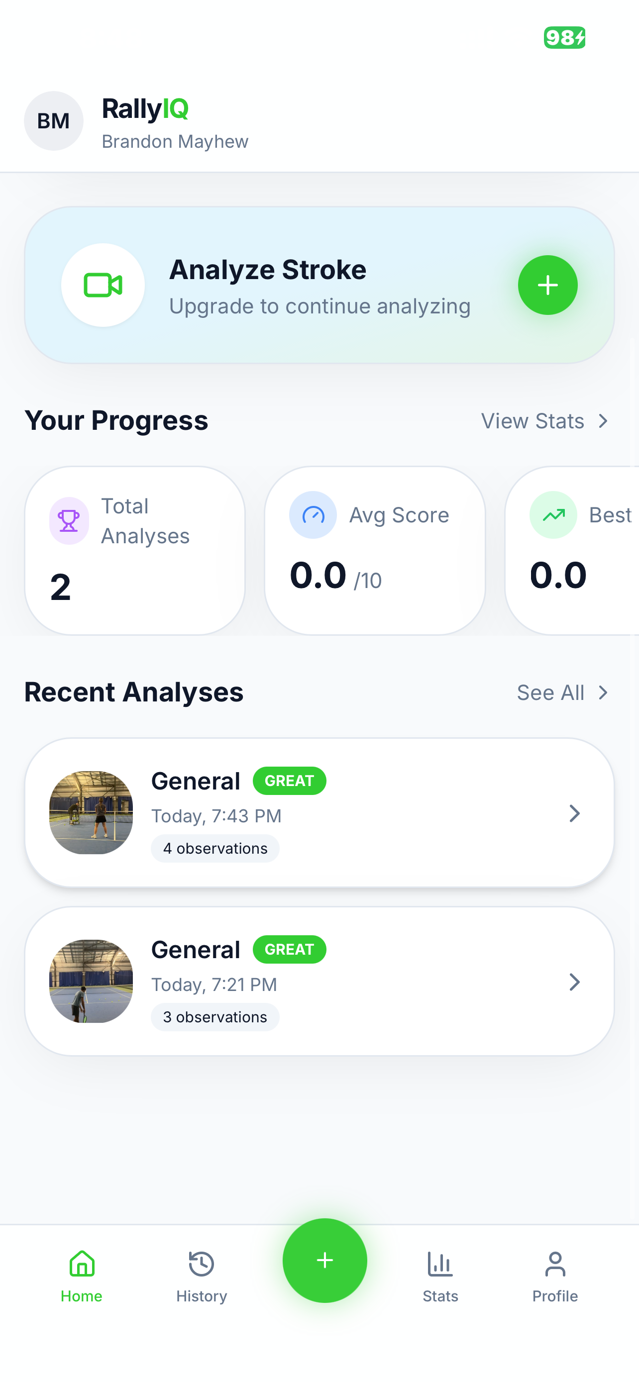 RallyIQ app dashboard showing progress stats and recent analyses